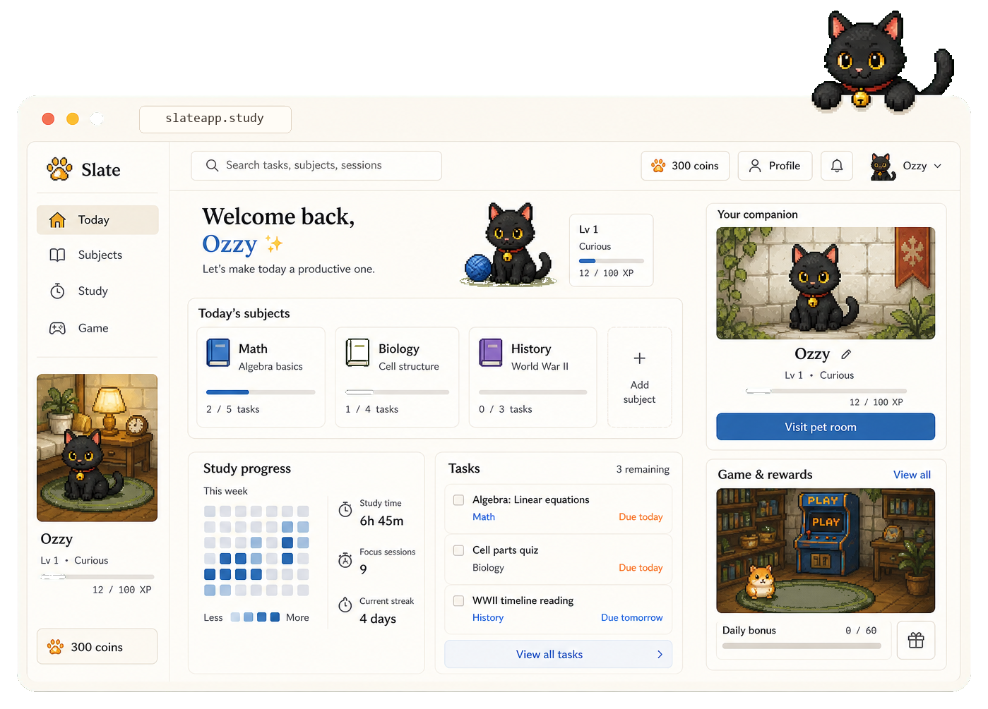 Slate app dashboard with Ozzy hanging on the window
